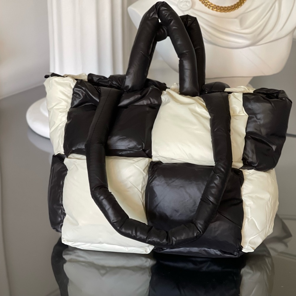 New Black and white color Down Puff Shoulder Bag Handbag Puffy Soft Carry Bag - Picture 3 of 11